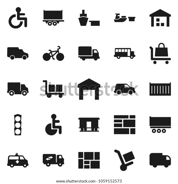 Flat vector icon set - school bus vector,\
bike, traffic light, truck trailer, sea container, delivery, car,\
port, consolidated cargo, warehouse, Railway carriage, disabled,\
amkbulance, relocation