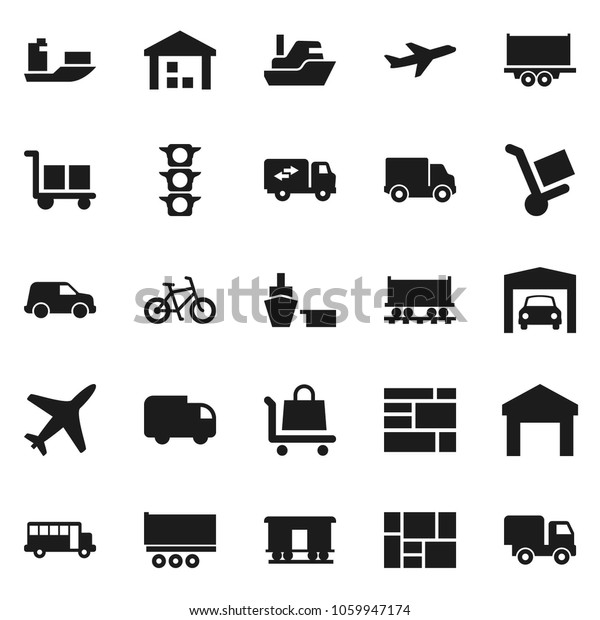 Flat vector icon set - school bus vector, bike,\
Railway carriage, plane, traffic light, ship, truck trailer,\
delivery, car, port, consolidated cargo, warehouse, garage,\
relocation, trolley