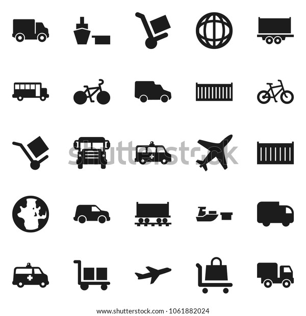 Flat vector icon set - school bus\
vector, world, bike, Railway carriage, plane, truck trailer, sea\
container, delivery, car, port, cargo, amkbulance,\
trolley