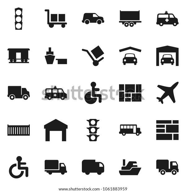 Flat vector icon set - school bus vector, plane,\
traffic light, ship, truck trailer, sea container, delivery, car,\
port, consolidated cargo, warehouse, Railway carriage, disabled,\
amkbulance, garage