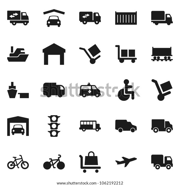 Flat vector icon set - school bus vector, bike,\
Railway carriage, plane, traffic light, ship, sea container,\
delivery, car, port, cargo, warehouse, disabled, amkbulance,\
garage, relocation truck