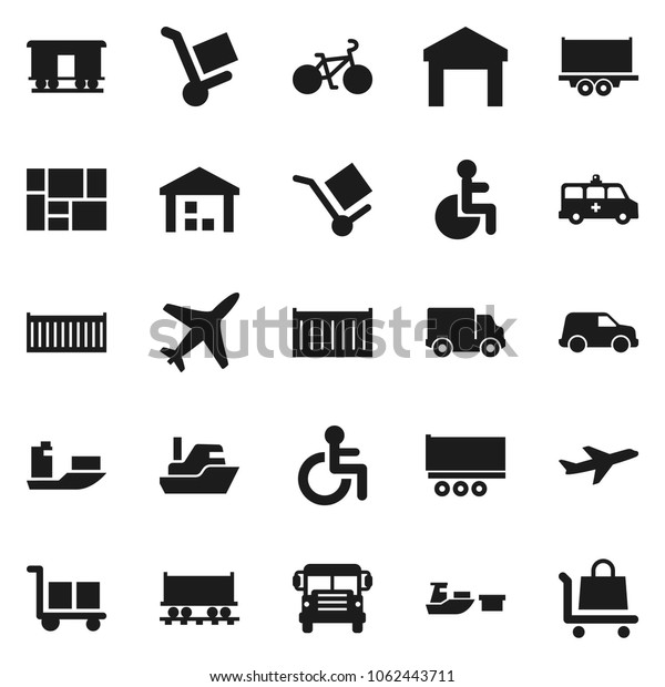 Flat vector icon set - school bus vector, bike,
Railway carriage, plane, ship, truck trailer, sea container,
delivery, car, port, consolidated cargo, warehouse, disabled,
amkbulance, trolley