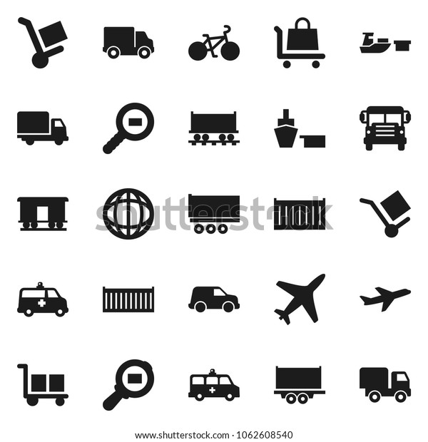 Flat vector icon set - school\
bus vector, world, bike, Railway carriage, plane, truck trailer,\
sea container, delivery, car, port, cargo, search, amkbulance,\
trolley