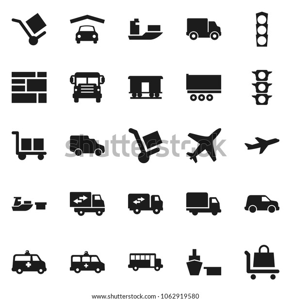 Flat\
vector icon set - school bus vector, plane, traffic light, ship,\
truck trailer, delivery, car, port, consolidated cargo, Railway\
carriage, amkbulance, garage, relocation,\
trolley