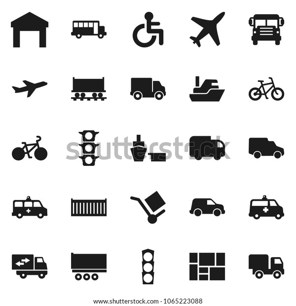 Flat vector icon set - school bus vector,
bike, Railway carriage, plane, traffic light, ship, truck trailer,
sea container, delivery, car, port, consolidated cargo, warehouse,
disabled, amkbulance