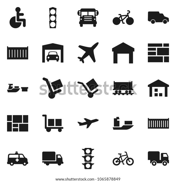Flat vector icon set - school bus vector, bike,\
Railway carriage, plane, traffic light, ship, sea container,\
delivery, car, port, consolidated cargo, warehouse, disabled,\
amkbulance, garage,\
trolley