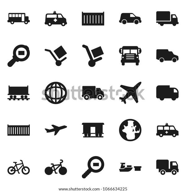 Flat vector icon set - school bus\
vector, world, bike, Railway carriage, plane, sea container,\
delivery, car, port, cargo, search, amkbulance,\
trolley
