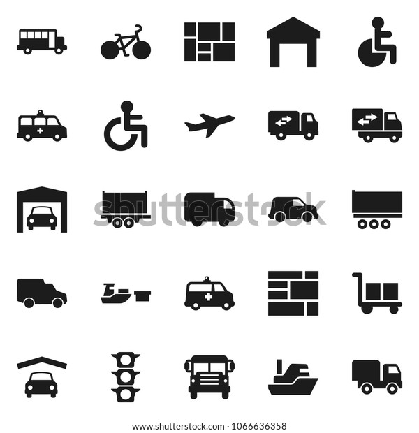Flat\
vector icon set - school bus vector, bike, plane, traffic light,\
ship, truck trailer, car, port, consolidated cargo, warehouse,\
disabled, amkbulance, garage, relocation,\
delivery