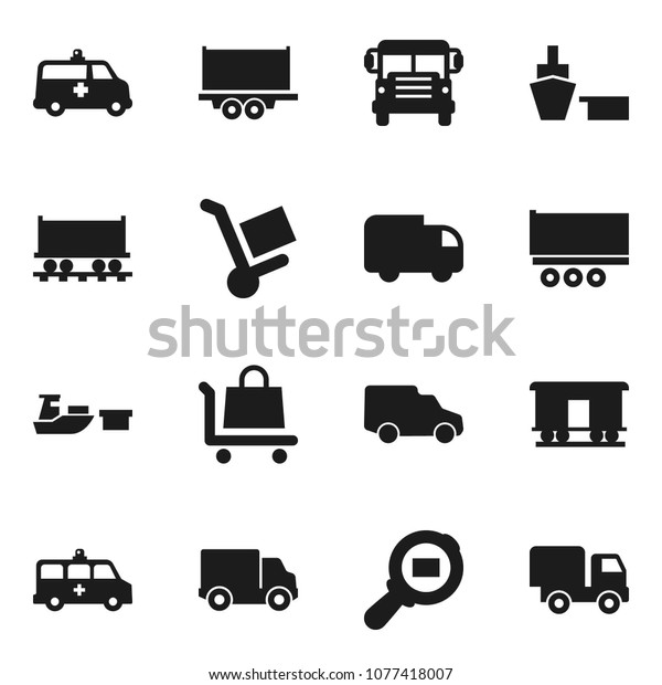Flat vector icon set - school bus vector, Railway\
carriage, truck trailer, delivery, car, port, cargo search,\
amkbulance, trolley