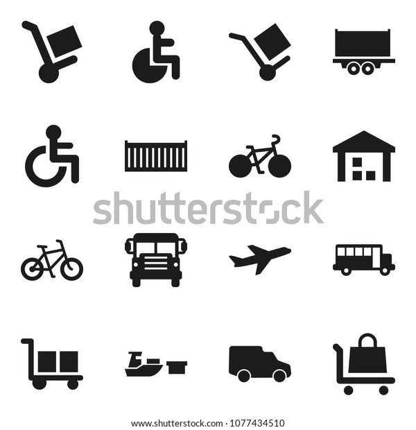Flat vector icon set - school bus vector, bike,\
plane, truck trailer, sea container, car, port, cargo, warehouse,\
disabled, trolley