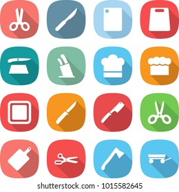 flat vector icon set - scissors vector, scalpel, cutting board, stands for knives, cook hat, chief, knife, chef, axe, trailer