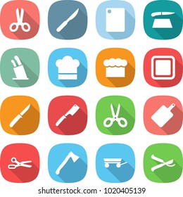 flat vector icon set - scissors vector, scalpel, cutting board, stands for knives, cook hat, chief, knife, chef, axe, trailer, pruner