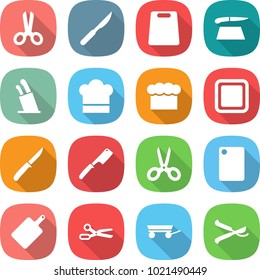 flat vector icon set - scissors vector, scalpel, cutting board, stands for knives, cook hat, chief, knife, chef, trailer, pruner