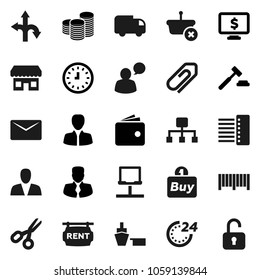 Flat vector icon set - scissors vector, wallet, manager, coin stack, auction, clock, monitor dollar, route, port, speaking man, notebook network, hub, mail, hierarchy, attachment, rent signboard