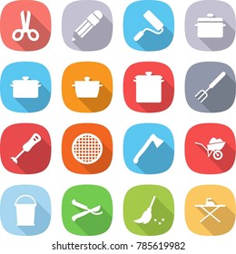 flat vector icon set - scissors vector, pencil, repair, pan, big fork, blender, sieve, axe, wheelbarrow, bucket, pruner, broom, iron board