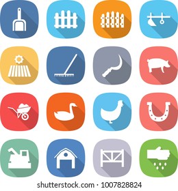 flat vector icon set - scoop vector, fence, plow, field, rake, sickle, pig, wheelbarrow, goose, chicken, horseshoe, harvester, barn, farm, sow