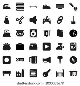 Flat vector icon set - scoop vector, sponge, towel, iron, washing powder, plates, kettle, measuring cup, skimmer, compass, scissors, pie graph, case, dollar flag, snickers, skateboard, speaker, rec