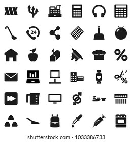 Flat vector icon set - scoop vector, measuring cup, cook hat, ladle, rolling pin, cereal, backpack, apple fruit, calculator, laptop graph, fitball, molecule, heart monitor, phone 24, port, syringe