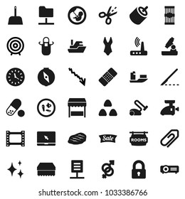 Flat vector icon set - scoop vector, sponge, shining, apron, cereal, pasta, steak, microscope, compass, crisis, target, swimsuite, pills, ship, clock, film frame, notebook pc, rca, gender sign, lock