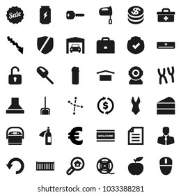 Flat vector icon set - scoop vector, welcome mat, cleaning agent, mixer, cake, case, document, constellation, exchange, crisis, euro sign, diet, swimsuite, enegry drink, client, sea container, undo