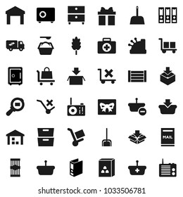 Flat vector icon set - scoop vector, washing powder, cereal, pasta, archive, binder, safe, first aid kit, wood box, cargo, no trolley, warehouse, package, search, mailbox, relocation truck, gift