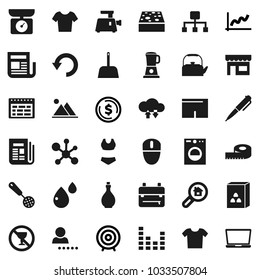 Flat vector icon set - scoop vector, sponge, kettle, oil, skimmer, cereal, backpack, pen, schedule, molecule, dollar coin, graph, target, measuring, shorts, swimsuite, t shirt, no alcohol sign, undo