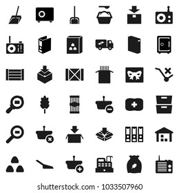 Flat vector icon set - scoop vector, washing powder, cereal, pasta, archive, binder, safe, first aid kit, wood box, no trolley, warehouse, package, cargo search, radio, relocation truck, gift