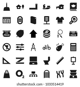 Flat vector icon set - scoop vector, toilet, washing powder, washboard, cookbook, chicken leg, corner ruler, drawing compass, calculator, schedule, presentation, leaf, arrow up, hierarchy, measuring