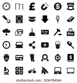 Flat vector icon set - scoop vector, sponge, trash bin, camping cauldron, scales, ladle, rolling pin, plates, microscope, medal, magnet, gold ingot, check, annual report, clock, arrow down, pound