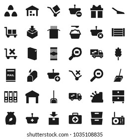 Flat vector icon set - scoop vector, washing powder, cereal, pasta, archive, binder, first aid kit, wood box, cargo, no trolley, warehouse, package, search, mailbox, relocation truck, gift, cashbox