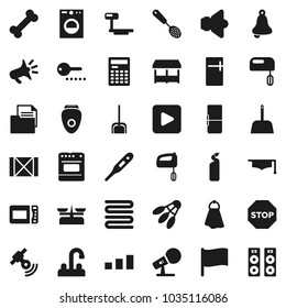 Flat vector icon set - scoop vector, towel, cleaning agent, water tap, skimmer, graduate hat, bell, calculator, flag, shuttlecock, bone, wood box, document, sorting, big scales, microphone, speaker