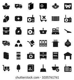 Flat vector icon set - scoop vector, washing powder, cereal, pasta, archive, binder, safe, first aid kit, wood box, cargo, no trolley, warehouse, package, radio, mailbox, relocation truck, gift