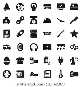 Flat vector icon set - scoop vector, sponge, steaming, scales, cook hat, timer, knife, dish, book, bell, world, document, dollar coin, pills vial, stadium, headphones, notebook pc, link, favorites