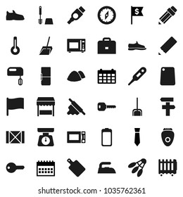 Flat vector icon set - scoop vector, iron, toilet brush, garbage pile, scales, rolling pin, cutting board, microwave oven, pencil, case, compass, flag, dollar, tie, calendar, snickers, shuttlecock