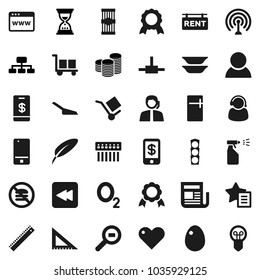 Flat vector icon set - scoop vector, sprayer, plates, egg, pasta, pen, corner ruler, medal, coin stack, sand clock, hierarchy, no fastfood, oxygen, traffic light, support, cargo, search, antenna