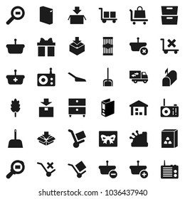 Flat vector icon set - scoop vector, washing powder, cereal, pasta, archive, binder, cargo, no trolley, warehouse, package, search, radio, relocation truck, mailbox, gift, cashbox, basket