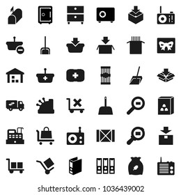 Flat vector icon set - scoop vector, cereal, pasta, archive, binder, safe, first aid kit, wood box, cargo, no trolley, warehouse, package, search, radio, relocation truck, mailbox, gift, cashbox