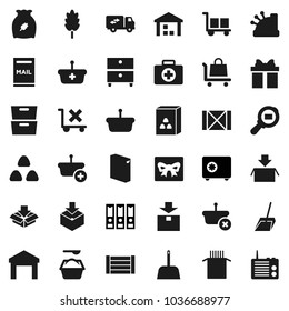 Flat vector icon set - scoop vector, washing powder, cereal, pasta, archive, binder, safe, first aid kit, wood box, cargo, no trolley, warehouse, package, search, mailbox, relocation truck, gift