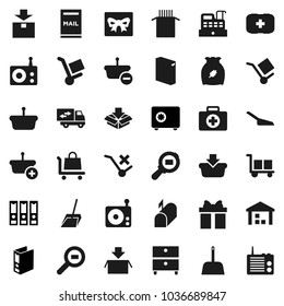 Flat vector icon set - scoop vector, washing powder, cereal, pasta, archive, binder, safe, first aid kit, cargo, no trolley, warehouse, package, search, radio, mailbox, relocation truck, gift