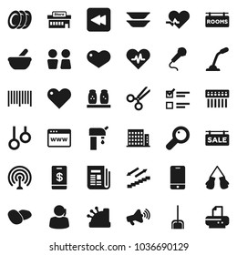 Flat vector icon set - scoop vector, water closet, spices, plates, potato, exam, boxing glove, stairways run, gymnast rings, support, antenna, newspaper, loudspeaker, mobile phone, heart, pulse, hub