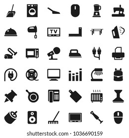 Flat vector icon set - scoop vector, rake, car fetlock, steaming, pan, cutting board, mixer, microwave oven, dish, corner ruler, backpack, table lamp, paper pin, horizontal bar, film spool, tv, rca