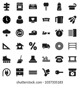 Flat vector icon set - scoop vector, measuring cup, hand mill, oven, corner ruler, alarm clock, archive, roller Skates, shuttlecock, heart monitor, signpost, sea container, delivery, port, shelving