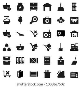Flat vector icon set - scoop vector, washing powder, cereal, pasta, archive, binder, safe, first aid kit, wood box, cargo, no trolley, warehouse, package, search, radio, mailbox, gift, cashbox