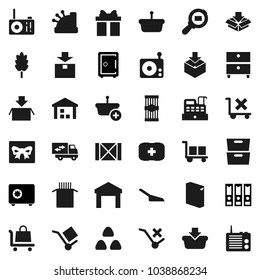 Flat vector icon set - scoop vector, washing powder, cereal, pasta, archive, binder, safe, first aid kit, wood box, cargo, no trolley, warehouse, package, search, radio, relocation truck, gift