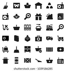 Flat vector icon set - scoop vector, washing powder, cereal, pasta, archive, binder, safe, first aid kit, wood box, cargo, no trolley, warehouse, package, search, radio, relocation truck, gift