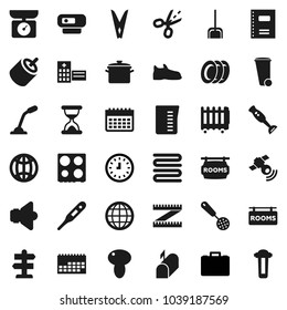 Flat vector icon set - scoop vector, clothespin, trash bin, plates, pan, measuring cup, towel, skimmer, oven, blender, mushroom, copybook, case, clock, snickers, calendar, signpost, satellitie, rca