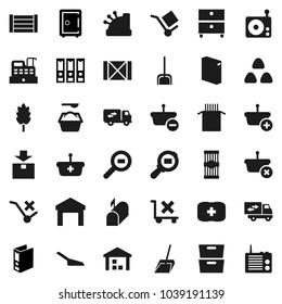 Flat vector icon set - scoop vector, washing powder, cereal, pasta, archive, binder, safe, first aid kit, wood box, cargo, no trolley, warehouse, package, search, radio, relocation truck, mailbox