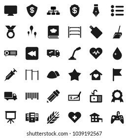 Flat vector icon set - scoop vector, water drop, sink, garbage pile, cutting board, cookbook, pen, pencil, medal, presentation, flag, check, hierarchy, heart pulse, horizontal bar, cereals, delivery