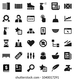 Flat vector icon set - scoop vector, sprayer, colander, spices, pen, medal, graph, annual report, sand clock, hierarchy, roller Skates, stairways run, no fastfood, support, wood box, barcode, heart