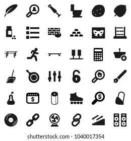 Flat vector icon set - scoop vector, toilet, paper, pan, potato, pen, abacus, leaf, calculator, money search, dollar calendar, gold ingot, pills vial, horizontal bar, roller Skates, skateboard, disk